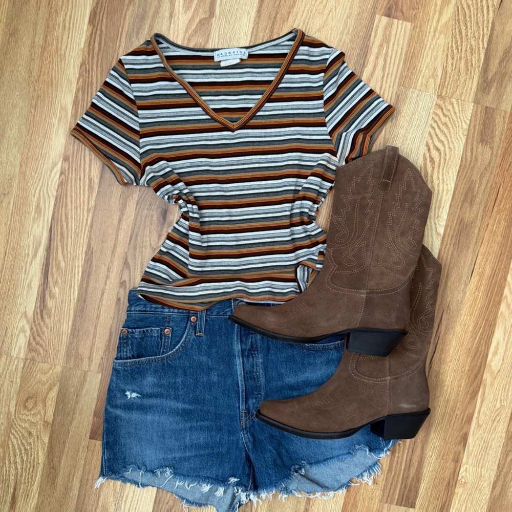 Vintage 90s Madknits Earth Tone Striped Ribbed Baby Tee